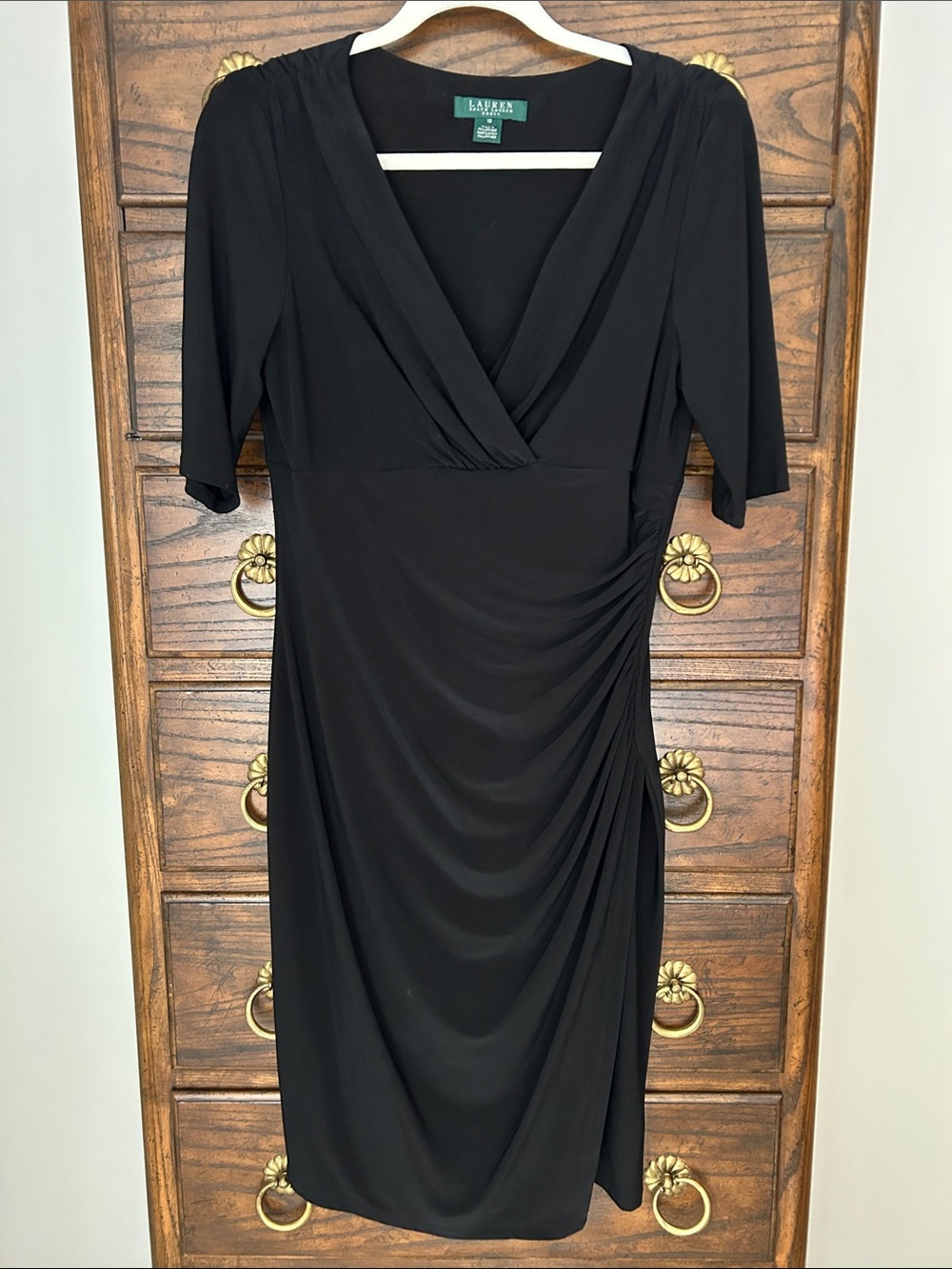 Ralph Lauren Black Faux-Wrap Ruched Midi Dress with V-Neck, Size 10